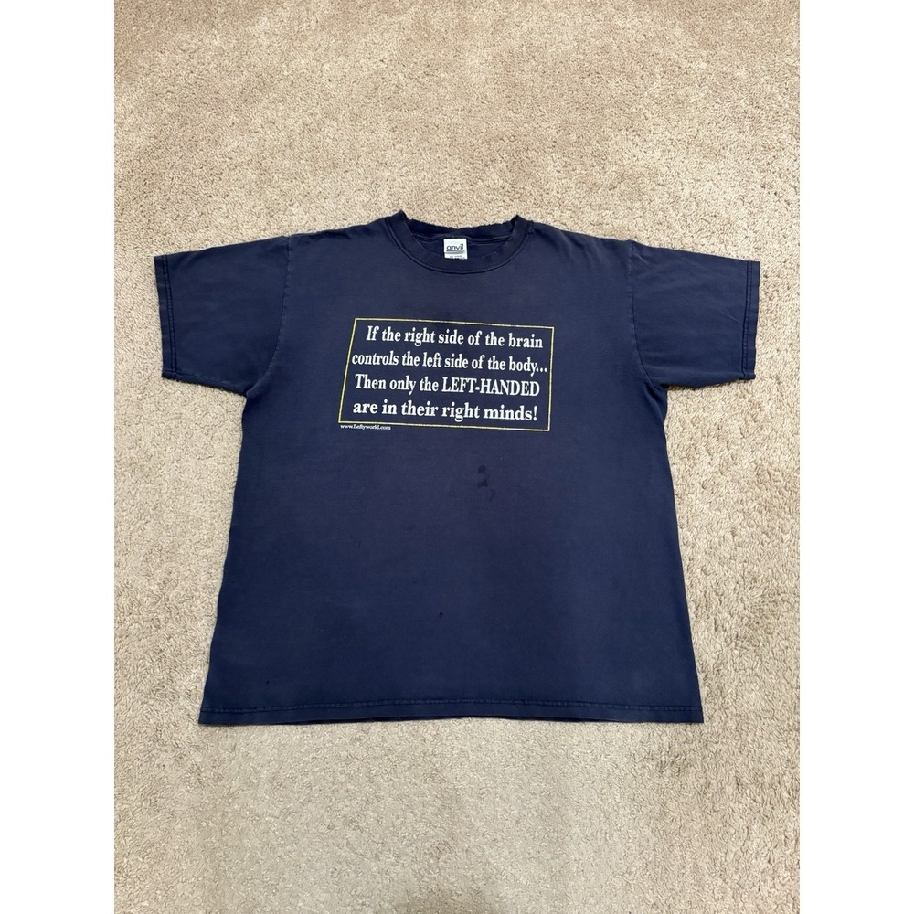 Vintage 90s Funny Left Handed Quote Navy T-Shirt Size Large